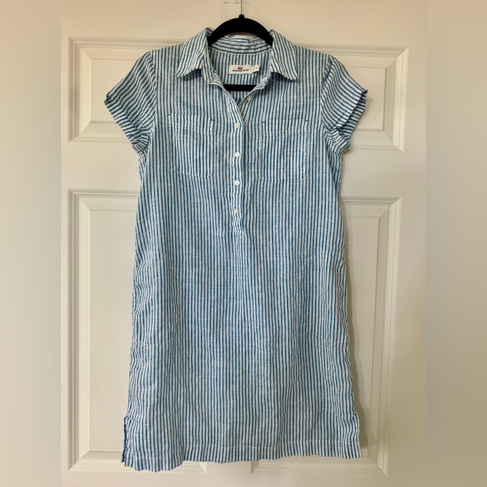 Vineyard Vines Linen Blue White Striped Reverse Print Shirtdress
